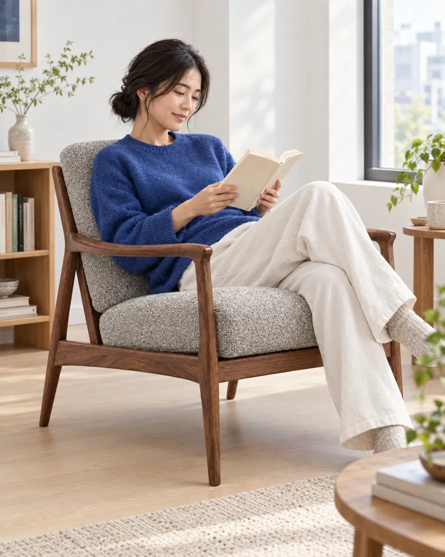 KAZEラウンジチェアに座って本を読む女性